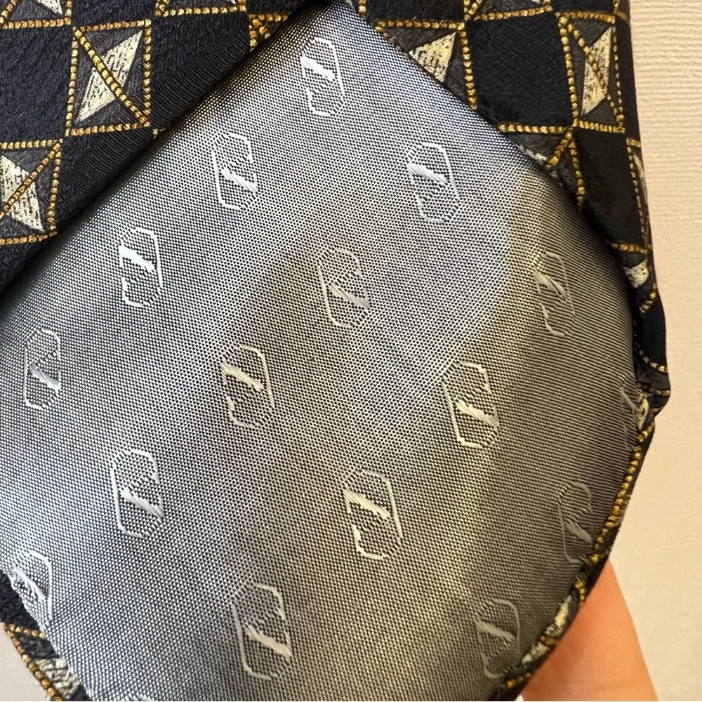Valentino Men's Necktie 58”Handmade in Italy, 100% Silk Gold & Black Geometric